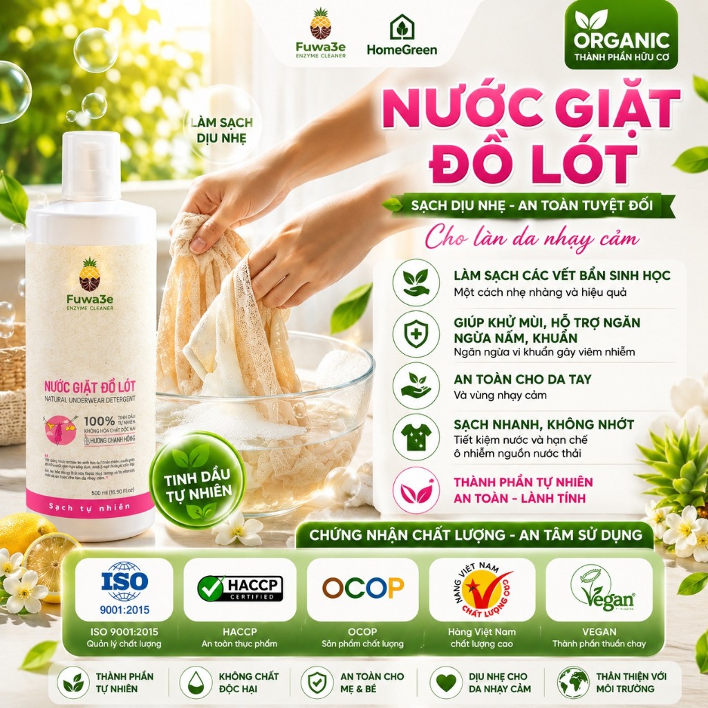 COMBO 2 Chai Nước Giặt Đồ Lót Fuwa3e 500ml Hương Chanh Vàng – Sạch Khuẩn, Dịu Nhẹ, Hỗ Trợ Hạn Chế Nấm Candida