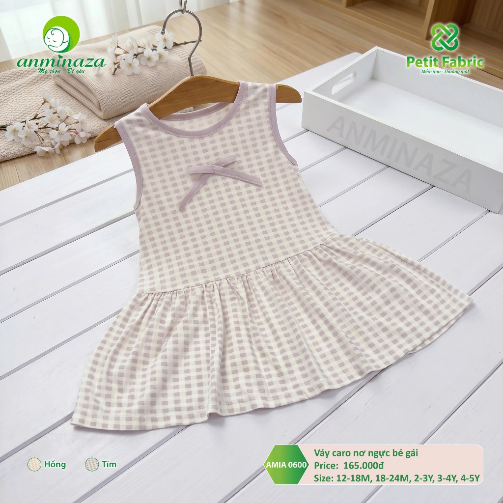 Bộ Váy Caro Nơ Bé Gái Anminaza Vải Petit Mềm Mại Thoáng Mát - Hàng Chính Hãng AMI0600