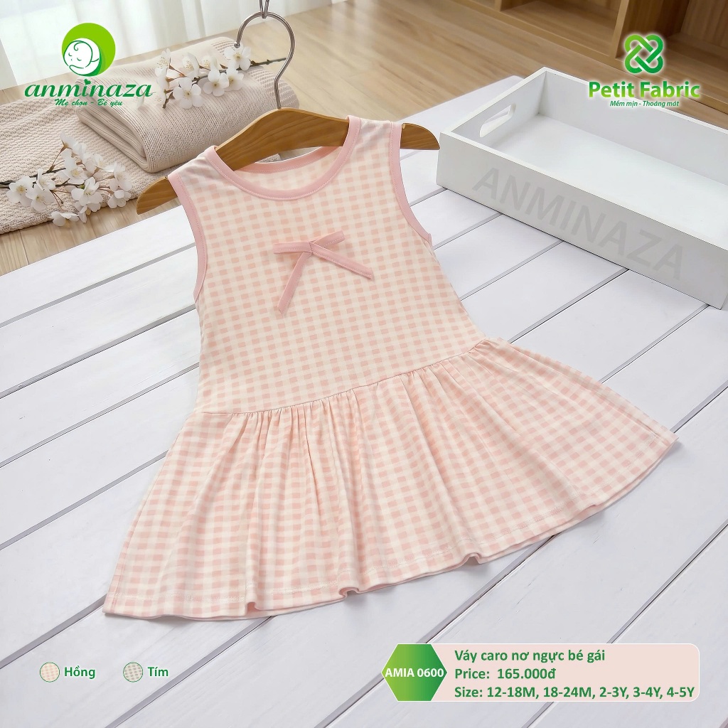 Bộ Váy Caro Nơ Bé Gái Anminaza Vải Petit Mềm Mại Thoáng Mát - Hàng Chính Hãng AMI0600