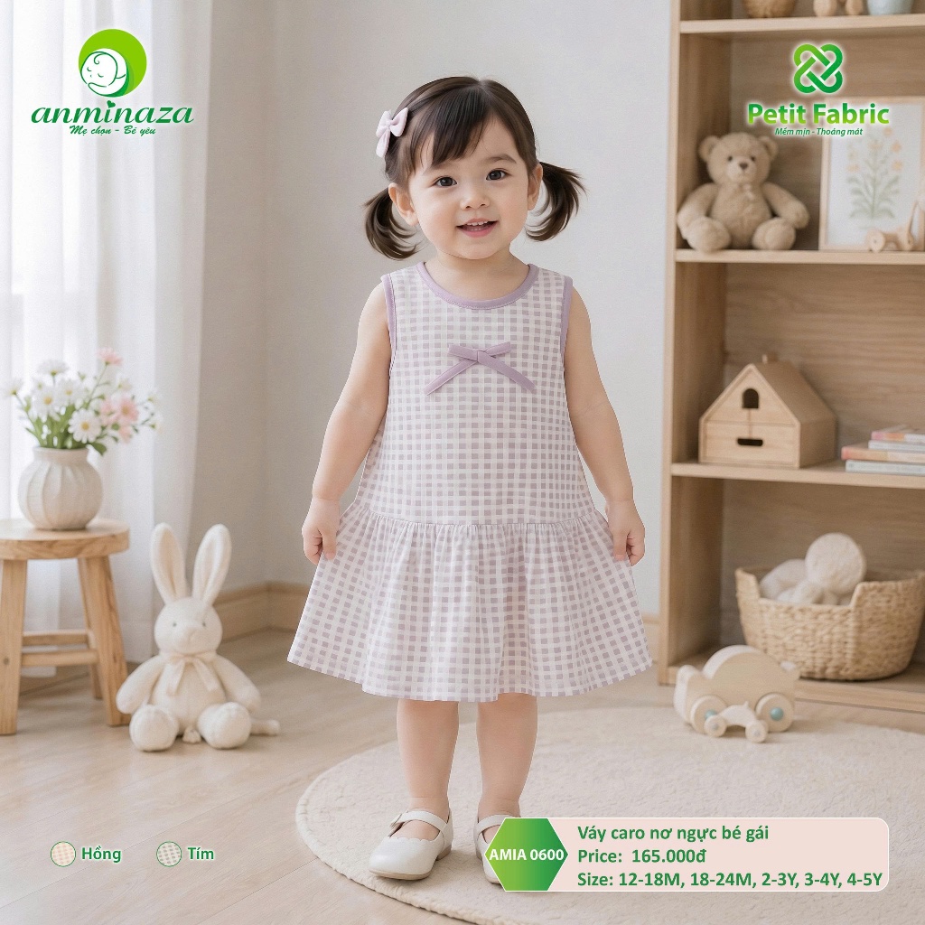 Bộ Váy Caro Nơ Bé Gái Anminaza Vải Petit Mềm Mại Thoáng Mát - Hàng Chính Hãng AMI0600