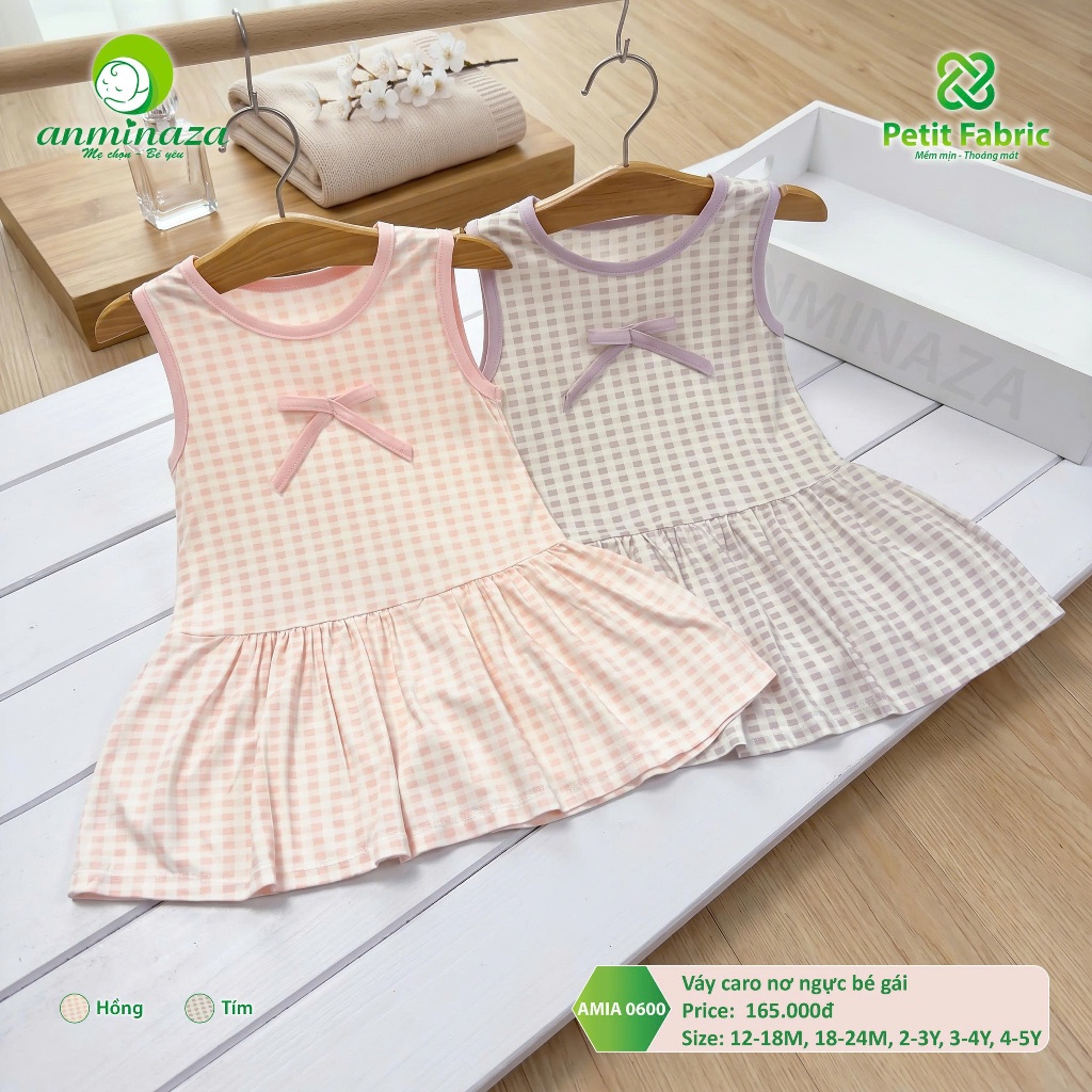 Bộ Váy Caro Nơ Bé Gái Anminaza Vải Petit Mềm Mại Thoáng Mát - Hàng Chính Hãng AMI0600