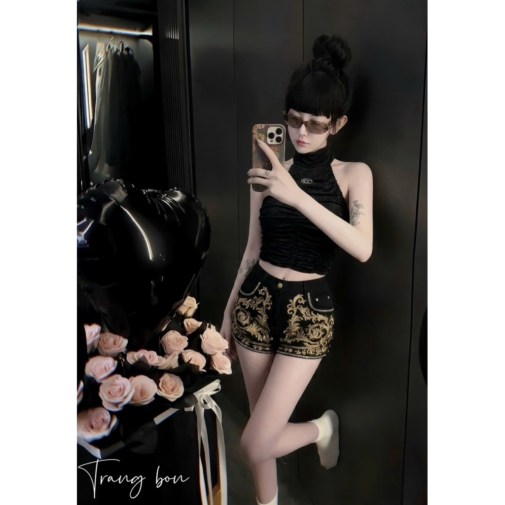 Áo body nhún cổ yếm phối tang mix đồ siu chất tôn dáng