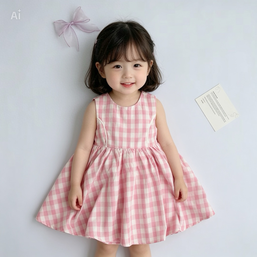 Váy kẻ karo hồng thiết kế sát nách chất vải mềm mát cho bé Diệu Linh shop kids đi học đi chơi size 8-35kg DL 80
