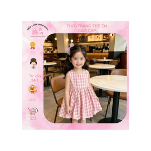 Váy kẻ karo hồng thiết kế sát nách chất vải mềm mát cho bé Diệu Linh shop kids đi học đi chơi size 8-35kg DL 80