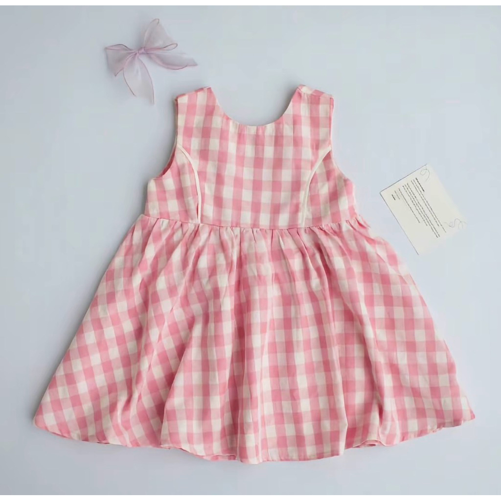 Váy kẻ karo hồng thiết kế sát nách chất vải mềm mát cho bé Diệu Linh shop kids đi học đi chơi size 8-35kg DL 80