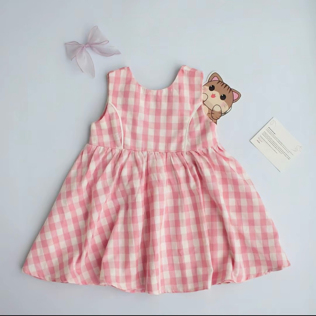 Váy kẻ karo hồng thiết kế sát nách chất vải mềm mát cho bé Diệu Linh shop kids đi học đi chơi size 8-35kg DL 80