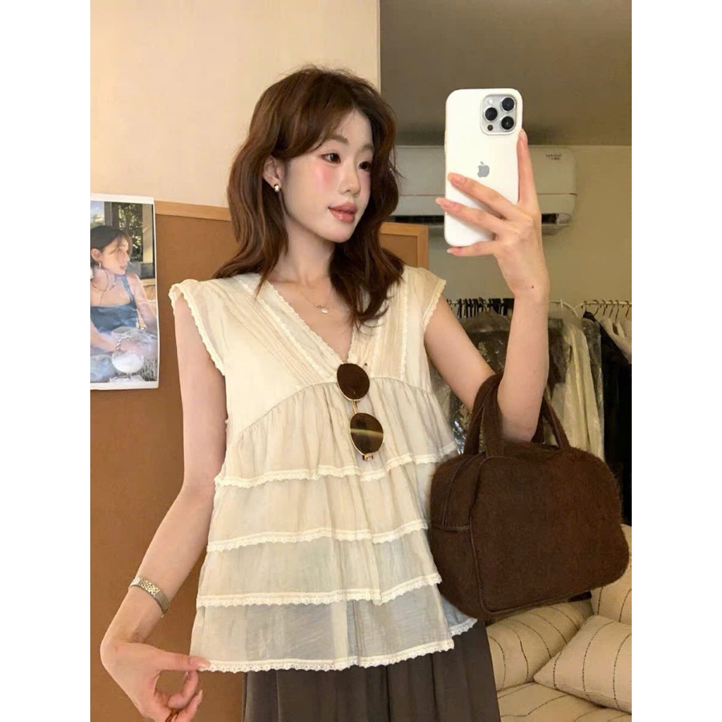 Áo Babydoll Kiểu Nữ Cổ V Dáng Suông Xếp Tầng Phối Ren Xinh Xắn Mùa Hè Kimee - KA890