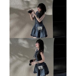 MIMI CLOTHING - Đầm jean xanh đậm vintage cột nơ cổ dáng ôm eo xòe