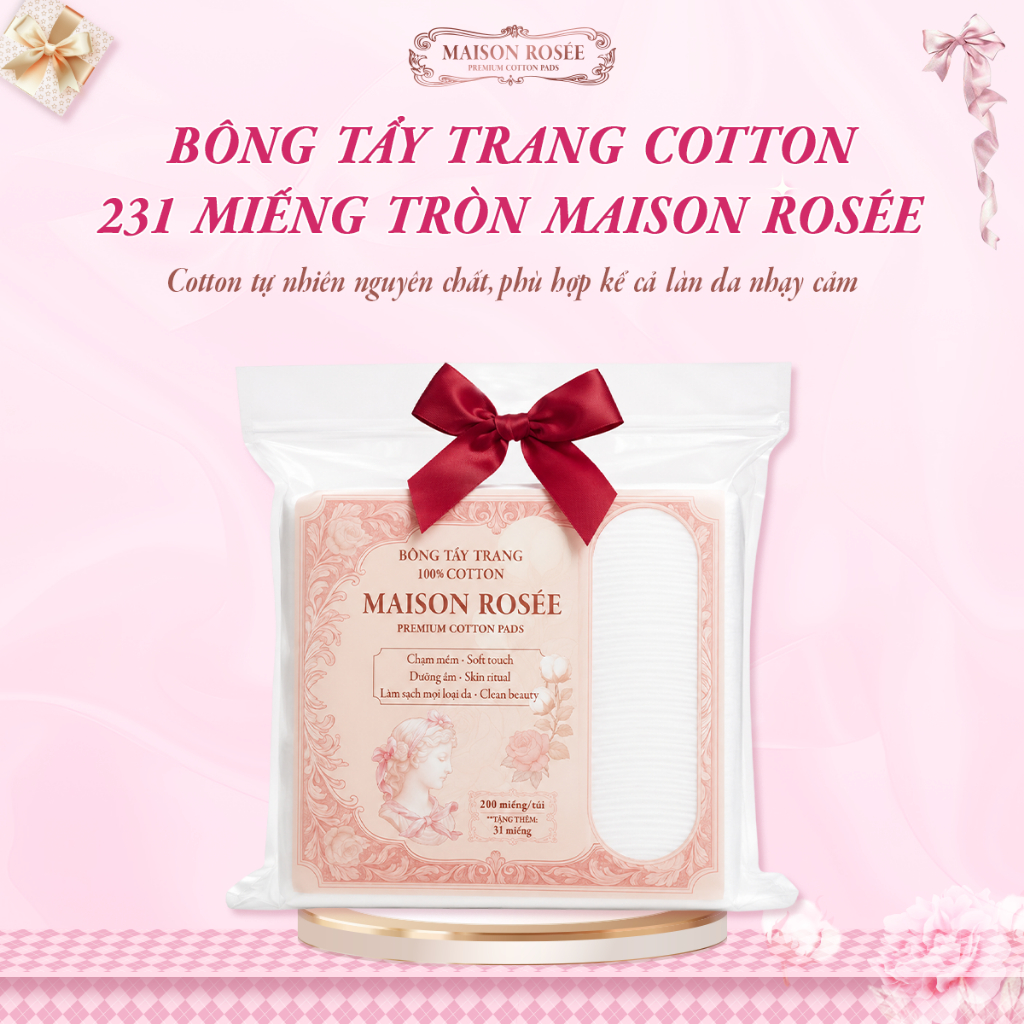 Bông tẩy trang cotton cao cấp Maison Rosée 231 miếng tròn mềm nhẹ dịu dàng