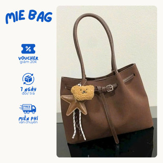 Túi xách đeo vai công sở tote chất da lộn mềm mịn tặng kèm charm gấu xinh MIE BAG