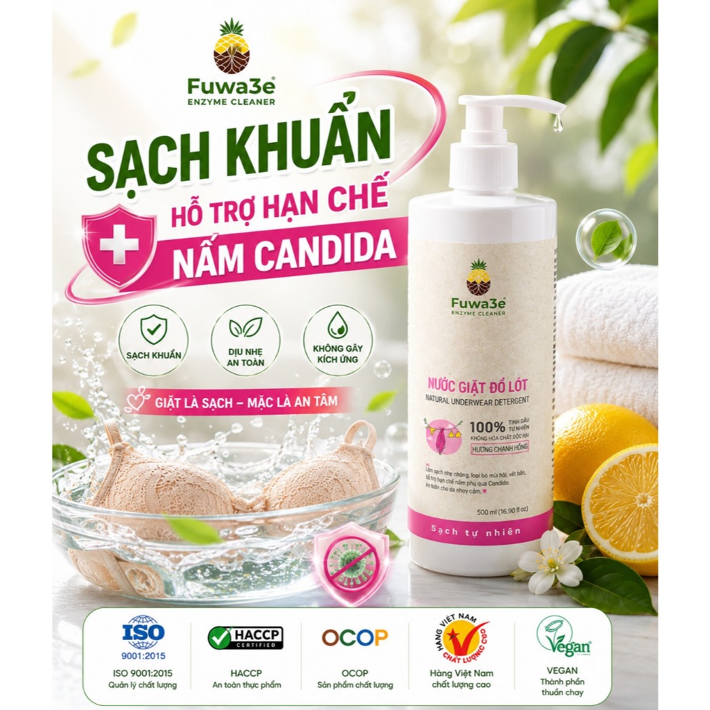 COMBO 2 Chai Nước Giặt Đồ Lót Fuwa3e 500ml Hương Chanh Vàng – Sạch Khuẩn, Dịu Nhẹ, Hỗ Trợ Hạn Chế Nấm Candida