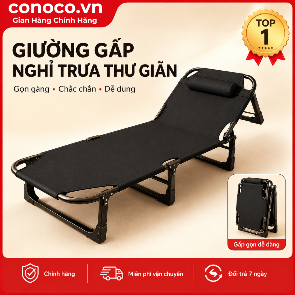 Giường Gấp Văn Phòng Khung Thép Thông Minh CONOCO Gấp Gọn Ngủ Trưa Êm Ái Điều Chỉnh 4 Nấc