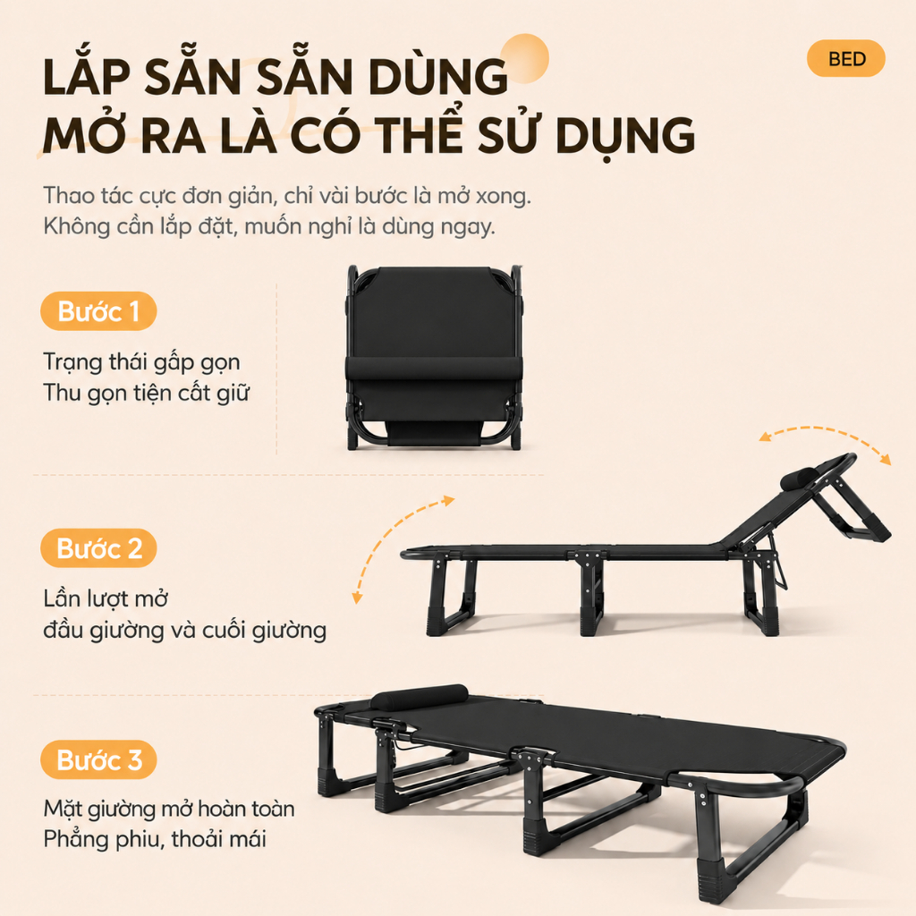 Giường Gấp Văn Phòng Khung Thép Thông Minh CONOCO Gấp Gọn Ngủ Trưa Êm Ái Điều Chỉnh 4 Nấc