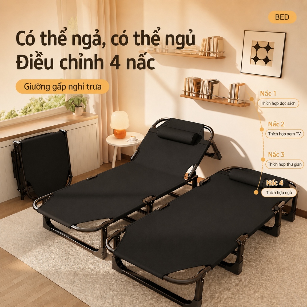 Giường Gấp Văn Phòng Khung Thép Thông Minh CONOCO Gấp Gọn Ngủ Trưa Êm Ái Điều Chỉnh 4 Nấc