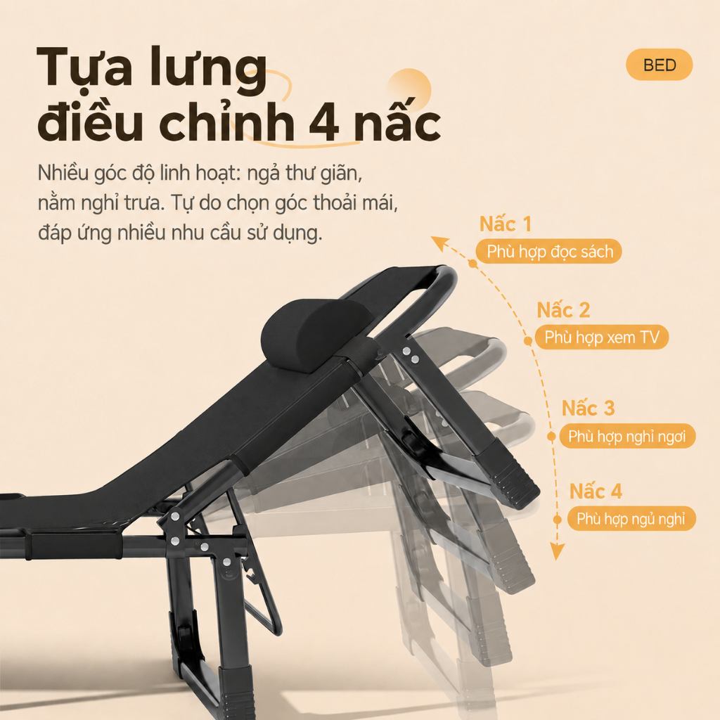 Giường Gấp Văn Phòng Khung Thép Thông Minh CONOCO Gấp Gọn Ngủ Trưa Êm Ái Điều Chỉnh 4 Nấc