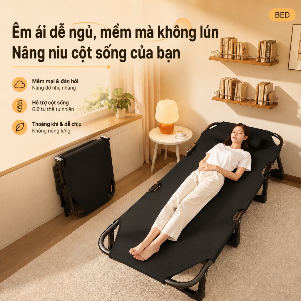 Giường Gấp Văn Phòng Khung Thép Thông Minh CONOCO Gấp Gọn Ngủ Trưa Êm Ái Điều Chỉnh 4 Nấc