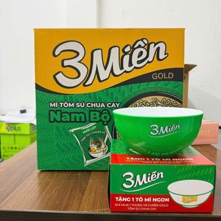 Thùng 30 gói - Mì 3 Miền Gold Tôm Sú Chua Cay Nam Bộ 75g + Tặng 1 Cái Tô Nhựa 3 Miền ( Màu ngẩu nhiên)