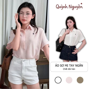 Áo Sơ Mi Nữ Ngắn Tay Nhà Quỳnh Nguyễn Chất Liệu Đũi Hàn Cao Cấp Form Suông Dễ Dàng Phối Đồ