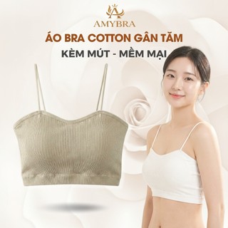 Combo 3 Áo Bra Cotton Gân Tăm Không Gọng - Set 3 Áo 2 Dây khoét Ngực Mút Mỏng AMYBRA B7719