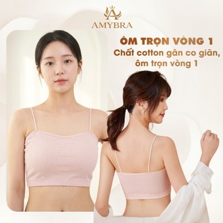 Áo Bra Nữ Không Gọng Cotton Gân Tăm Mềm Mại Thoáng Khí - Áo 2 Dây Mảnh Mút Mỏng Có Thể Tháo Rời AMYBRA B7719