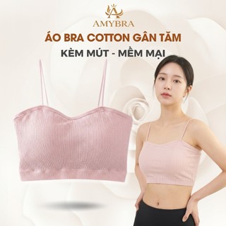 Áo Bra Nữ Không Gọng Cotton Gân Tăm Mềm Mại Thoáng Khí - Áo 2 Dây Mảnh Mút Mỏng Có Thể Tháo Rời AMYBRA B7719