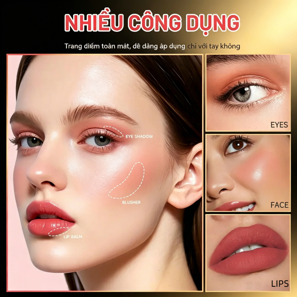 Phấn má hồng  có thiết kế hai đầu và đi kèm bông phấn Hiệu ứng dưỡng ẩm và sáng bóng Phối màu ngọt ngào Phấn mắt son