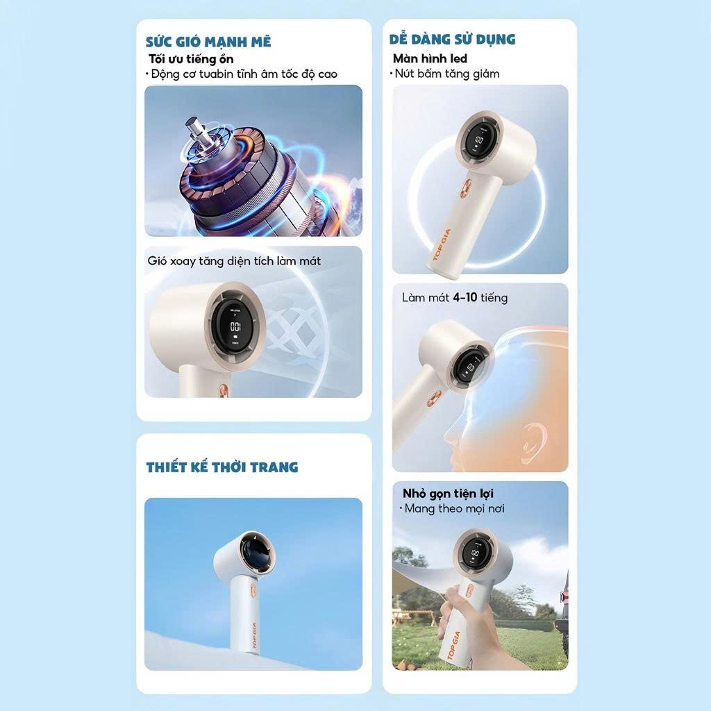 (MUA 1 NHẬN 6) Quạt cầm tay mini Topgia tặng 5 bịch giấy rút Mộc An Topgia hàng Việt, 1000 tờ 4 lớp