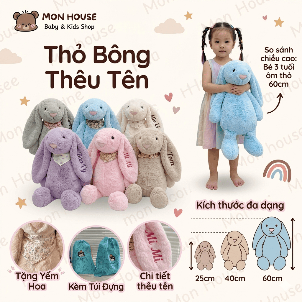 [Thỏ Thêu Tên Kèm Túi Dustbag] Thỏ bông lông mềm thêu tên cho bé theo yêu cầu, quà tặng ý nghĩa, thỏ thêu tên cho bé