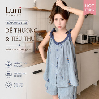 [Luni-Order]Bộ Ngủ Áo Hai Dây Nữ Buộc Thắt Nơ Phối Quần Short Đùi Chất Vải Mát Mềm, Bộ Mặc Nhà Áo Hai Dây Nữ Tính Dễ Thư
