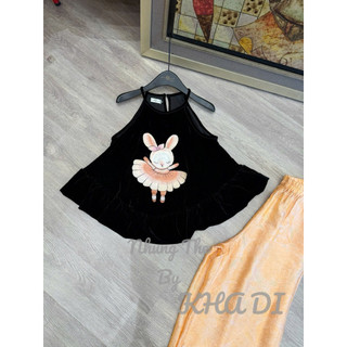 Sét áo nhung the cổ yếm thêu thỏ cam mix quần lụa tone cam