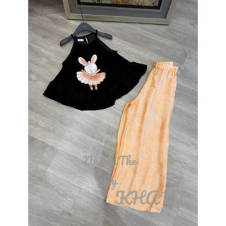 Sét áo nhung the cổ yếm thêu thỏ cam mix quần lụa tone cam