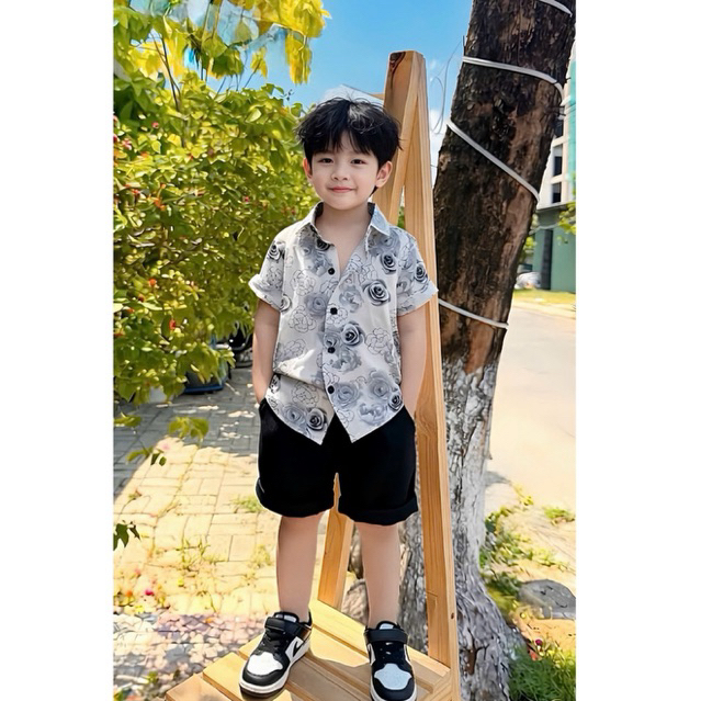 set sơmi hoạ tiết hoa nền kem sang cho bé trai 10kg-52kg TONIKIDS