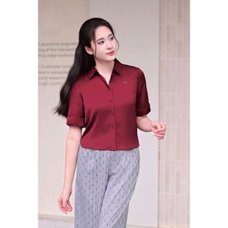 Áo Sơ Mi Kiểu Nữ LAMER FASHION Dáng Croptop Lụa Cổ Bẻ Công Sở Màu Trắng, Đỏ O61H25Q017