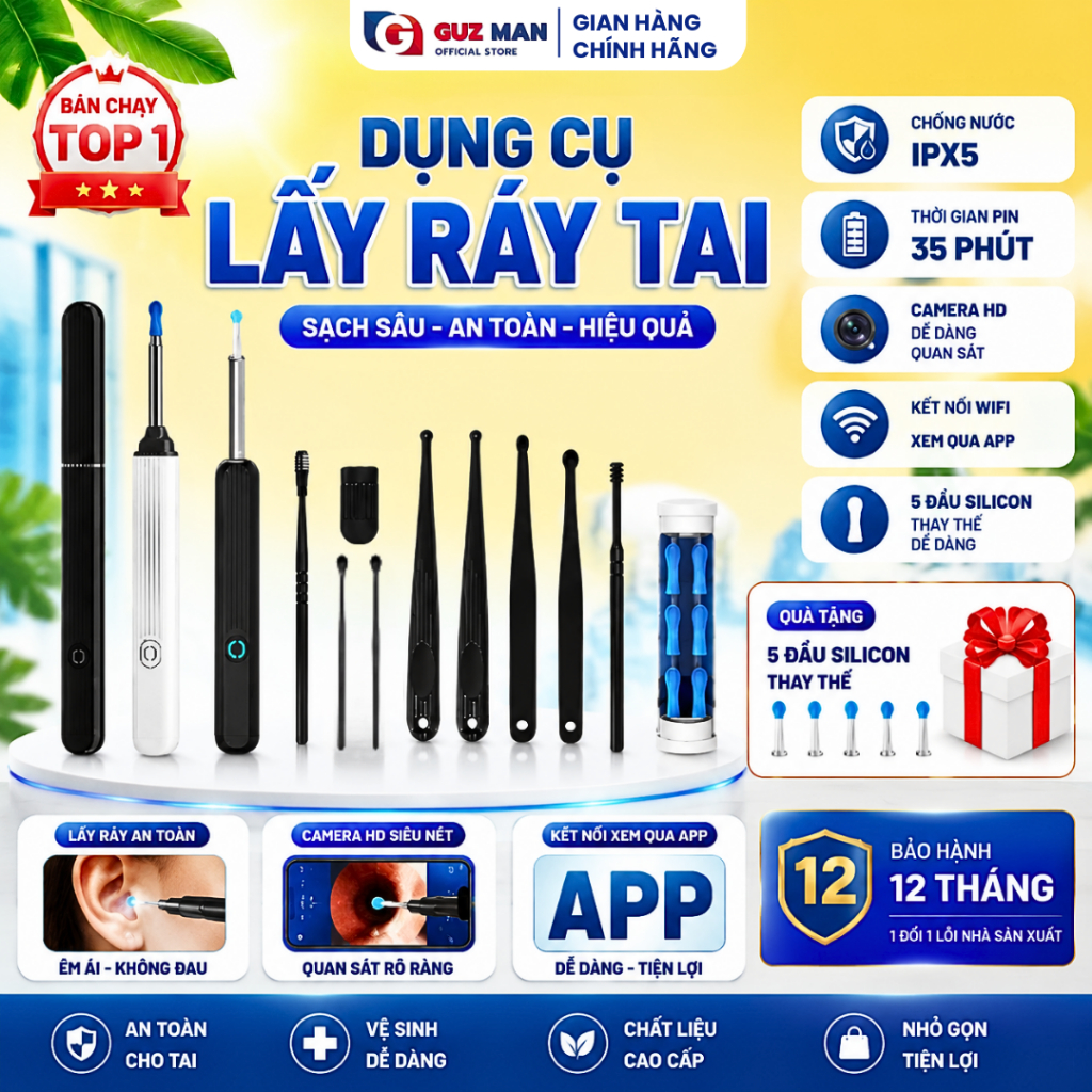Dụng Cụ Lấy Ráy Tai Có Camera Full HD 1296P - Nội Soi Đa Năng An Toàn, Có Đèn Led Hình Ảnh Sắc Nét