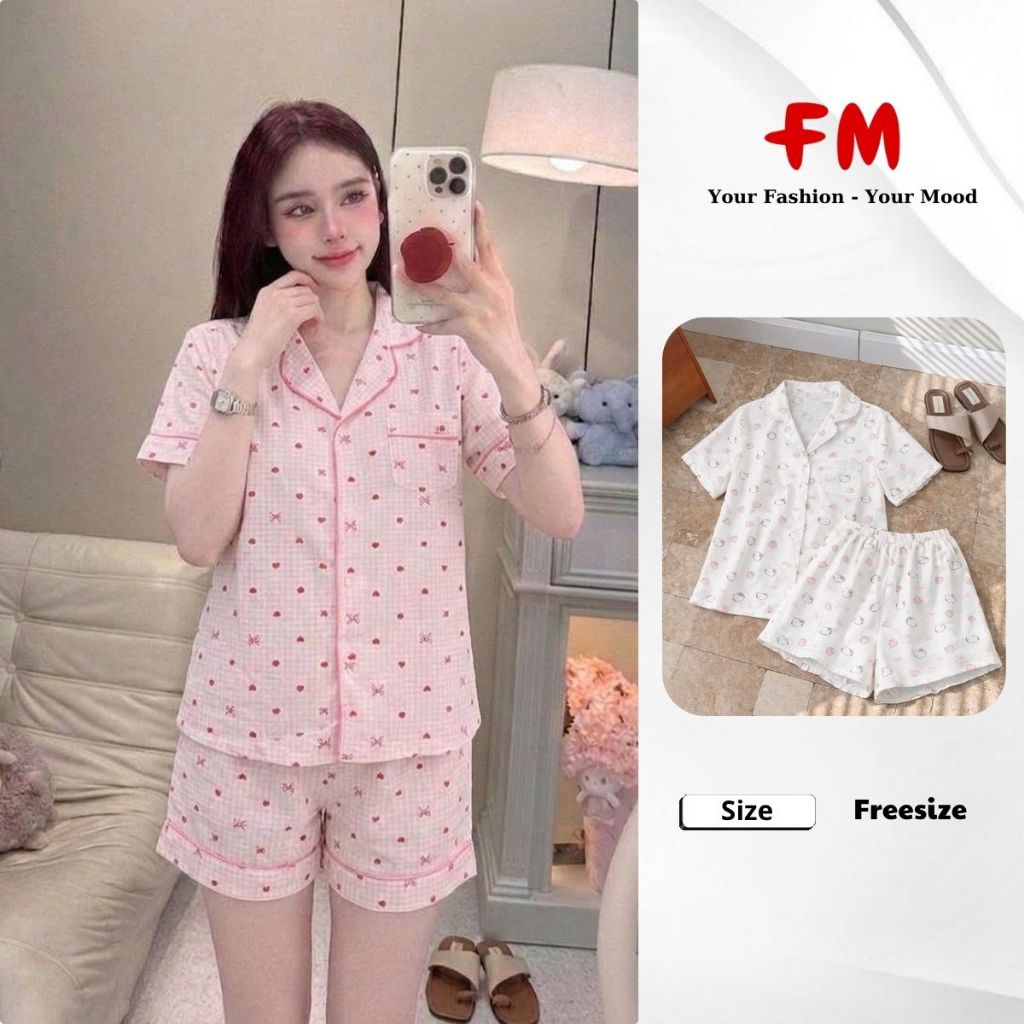 Đồ Bộ Ngắn Nữ FMSTYLE Quần Đùi Áo Thun 1 Túi Lai Ren Họa Tiết Dễ Thương Thoải Mái 26030523