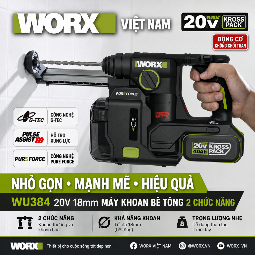 Máy Khoan Bê Tông 20V Worx WU384