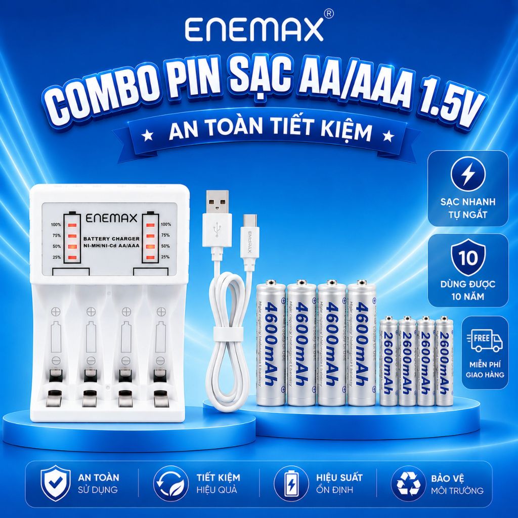 Bộ Sạc nhanh ENEMAX 1.5v tự ngắt an toàn +4 PIN AA 4600mAh+4 PIN 2600mAh - Pin sạc tái sử dụng,pin mic hát karaoke
