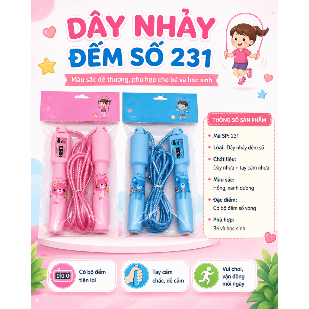 Dây Nhảy Đếm Số 231 Cho Bé Học Sinh, Tay Cầm Nhựa, Dây Bền, Màu Hồng Xanh