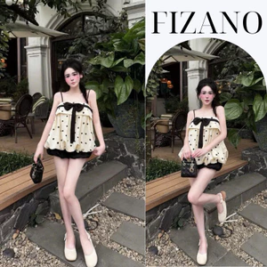 Set Bộ Đồ Nữ Chấm Bi Phối Nơ Ngực - Set Áo Hai Dây Dáng Bí Kèm Quần Short Đen Đáng Yêu HCOM27310