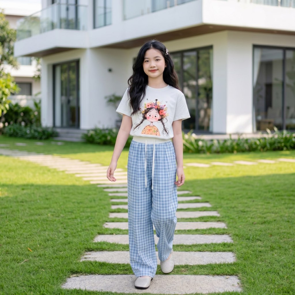 Quần suông kẻ phối cạp cho bé gái size đại BEESHOP H26055
