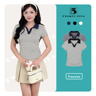 Áo Thun Nữ Twentyfive Cổ Polo, Họa Tiết Kẻ Ngang, Form Ôm Thanh Lịch, Áo Polo Nữ Ngắn Tay Basic Dễ Phối Đồ 7179