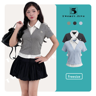 Áo Kiểu Nữ Twentyfive Thiết Kế Giả Hai Lớp, Phối Cổ Sơ Mi, Áo Thun Nữ Họa Tiết Thêu Xinh Xắn Năng Động 7190