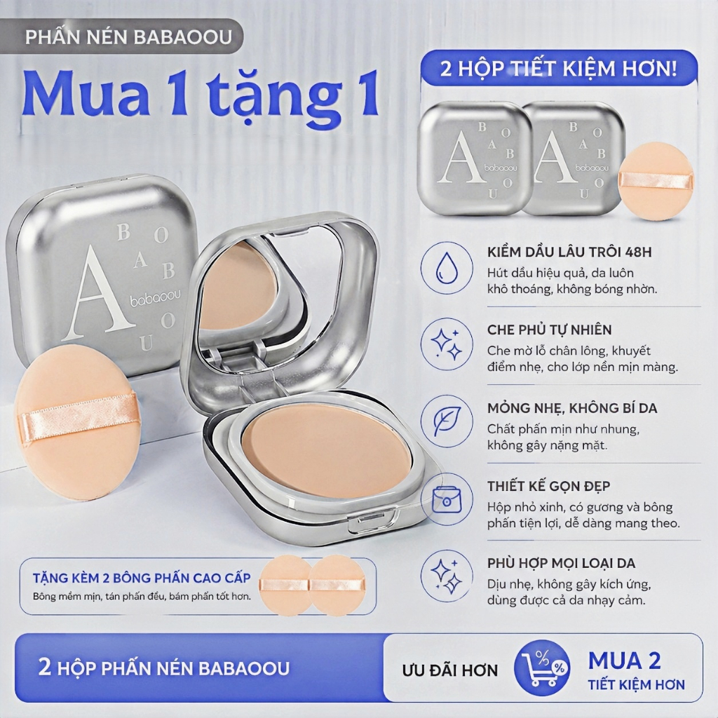 [Combo 2 Cái] Phấn Phủ Chính Hãng 8g2 + Bông Phấn2 – Siêu Mịn, Lâu Trôi 48h, Chống Nước