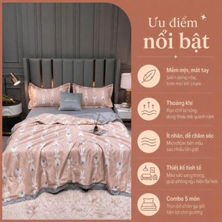 Bộ Chăn Ga Gối Lụa Satin Thái 5 Món Cao Cấp – Ga Giường 1m6/1m8 x 2m, Tặng Vỏ Gối Ôm