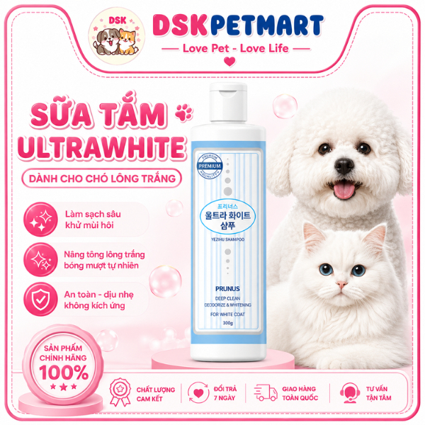 Sữa Tắm Chuyên Dụng Cho Thú Cưng Lông Trắng Prunus Ultra White Giảm Ố Vàng Lông  - Chai 500ml