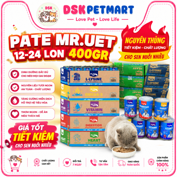 [Thùng 24 Lon] Pate Mèo Mr.Vet Nhiều Vị Lon 400g Cho Mèo Bổ Sung Dinh Dưỡng Tăng Cường L-Lysine