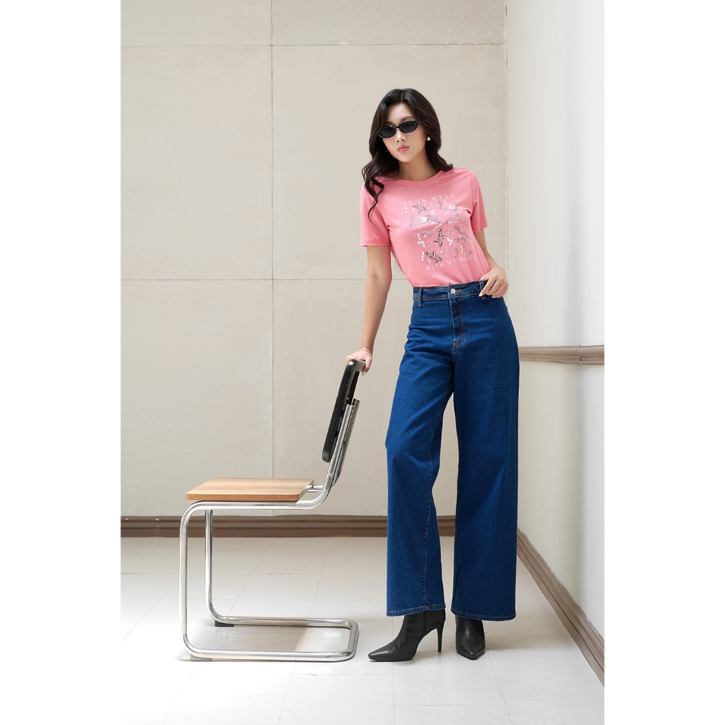 Quần Jean Nữ Lưng Cao Ống Suông Rộng Màu Xanh Ninomaxx 2601002