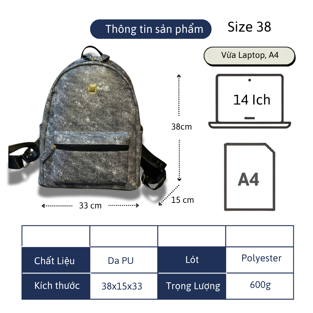 Balo Denim Wash ZuZang Cao Cấp Size 38 Da PU Chống Nước Form Rộng Đựng Laptop Đi Học Đi Chơi Unisex 3 Màu