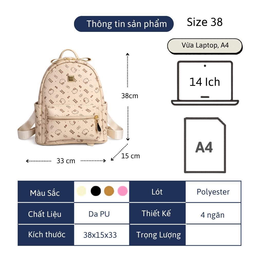 Balo ZuZang Cao Cấp Da PU – Balo Kitty/Gấu Dễ Thương, 2 Size Lớn Nhỏ, Đi Học Đi Làm Thời Trang