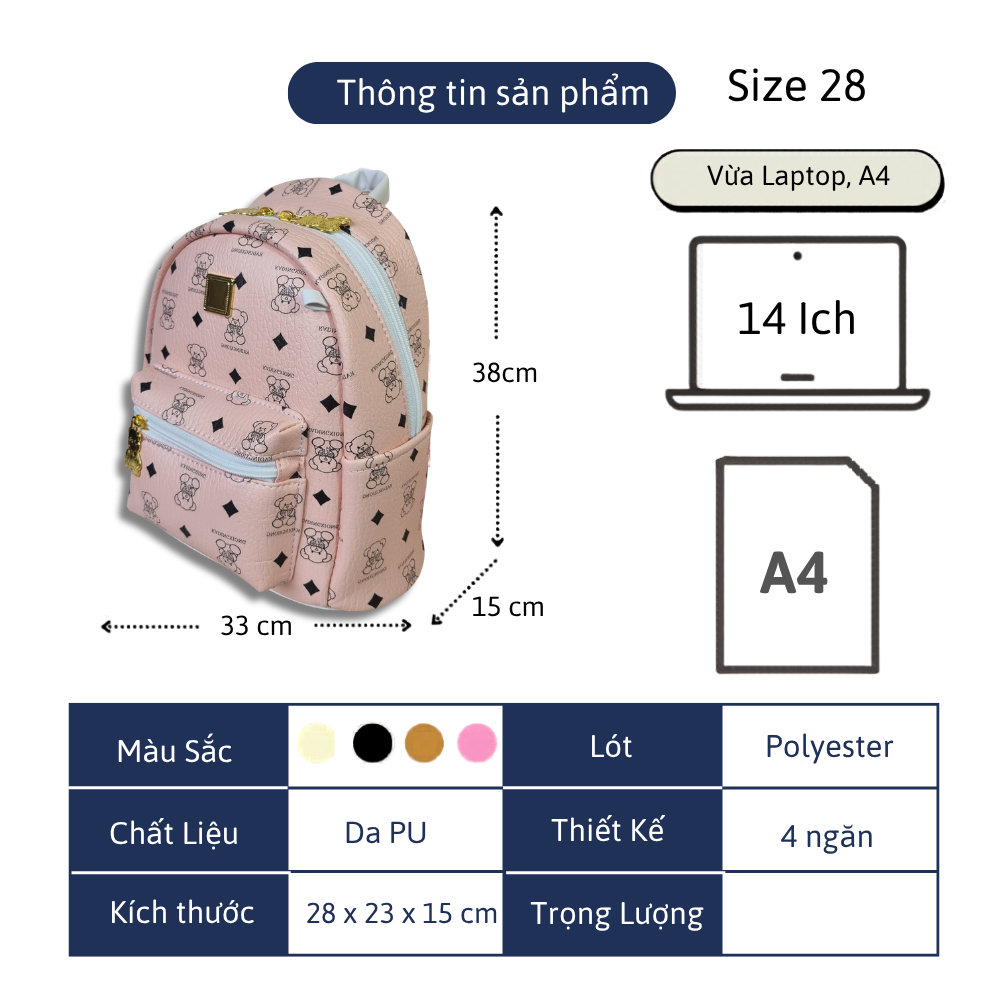 Balo ZuZang Cao Cấp Da PU – Balo Kitty/Gấu Dễ Thương, 2 Size Lớn Nhỏ, Đi Học Đi Làm Thời Trang